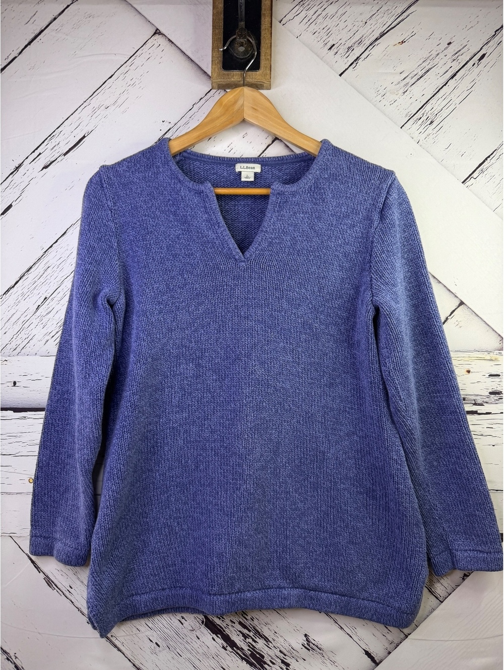 L.L. Bean Women Blue Shaker Knit Split V-Neck Pullover Tunic Sweater Women’s